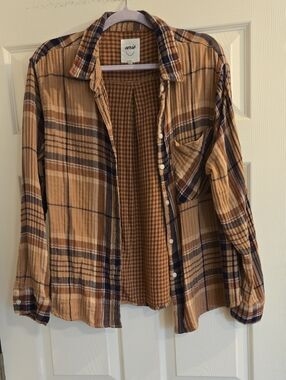 Aerie Plaid Button-Up Shirt  Camel & Navy Large